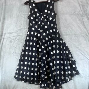 Ann Taylor Women 6 Navy White Polka Dot Circles V Neck Fit Flare Dress Flirty